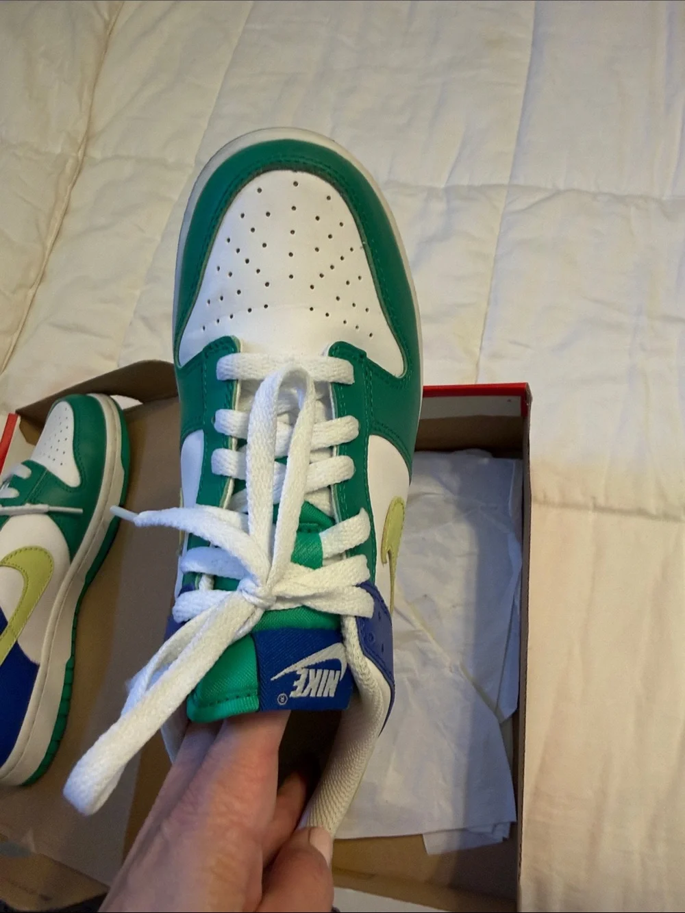 Kids Nike dunks Green Blue White Sneakers with Lime Swoosh size 6.5